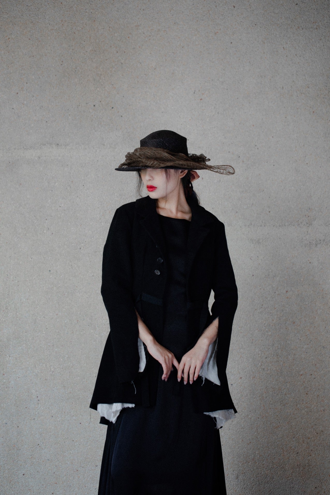 Ash Holden black moleskin and linen lined oval cuff frock coat